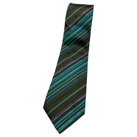 KENZO Men's 100%Silk Necktie LUXURY Tie Green Blue Striped W:3.6